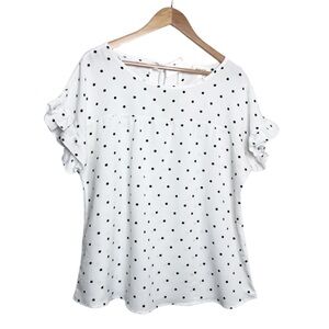 Hailey & Co White Black Polka Dot Ruffle Sleeve Back Tie Feminine Formal Blouse